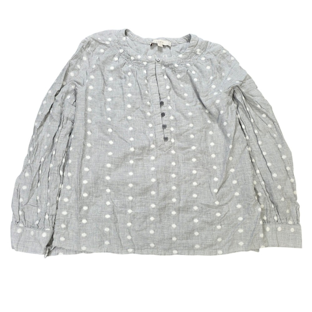 LOFT Smocked Henley Blouse Women's Size M Grey Polka Dot Long Sleeve Cotton Mix